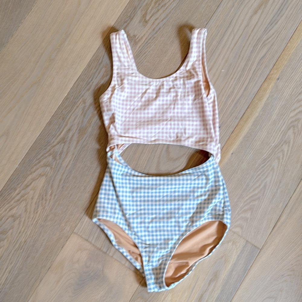 Girls crewcuts light blue and pink gingham cut out swimsuit, size 12, EUC